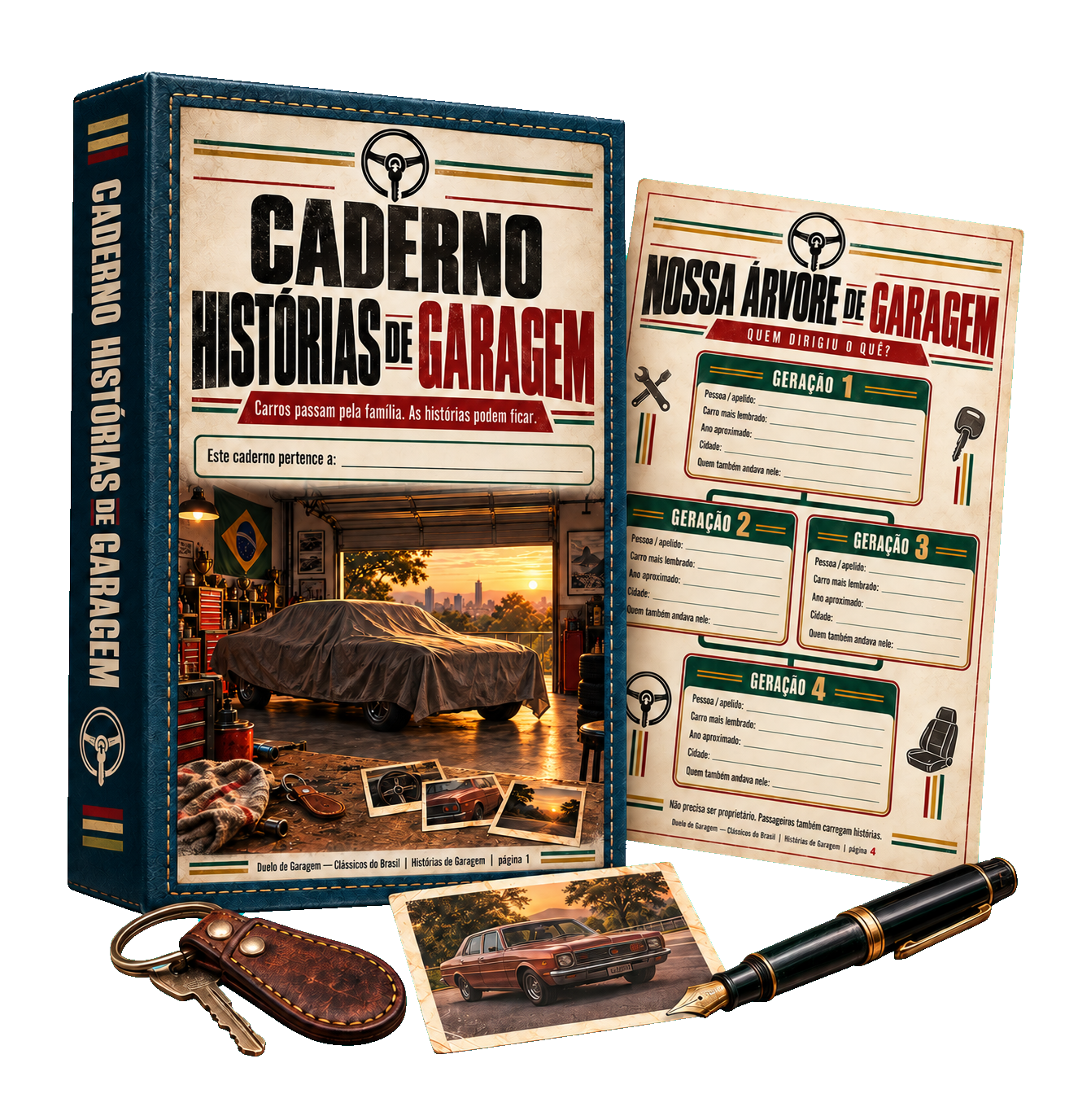 Mockup do bônus Caderno Histórias de Garagem com página preenchível e objetos de memória