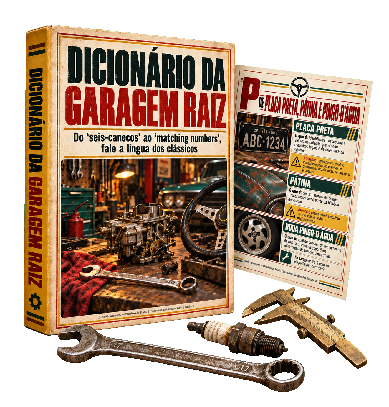 Mockup do bônus Dicionário da Garagem Raiz com página de verbetes e ferramentas de oficina