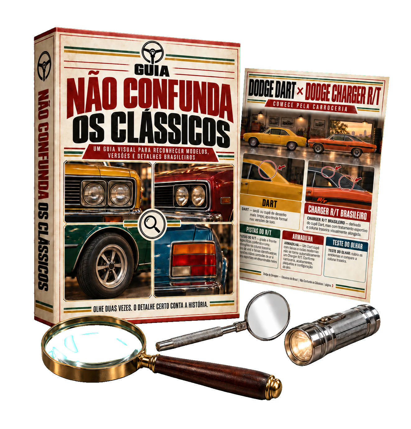 Mockup do bônus Guia Não Confunda os Clássicos com comparação visual e objetos de inspeção
