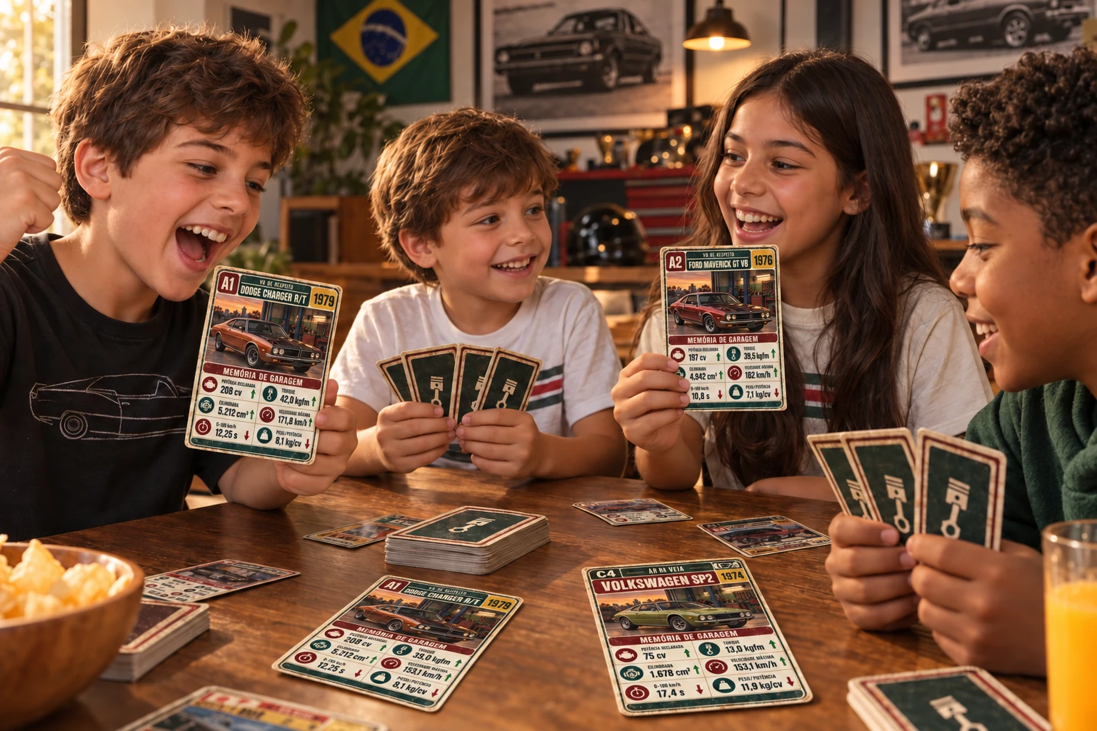 Crianças jogando Duelo de Garagem com cartas reais