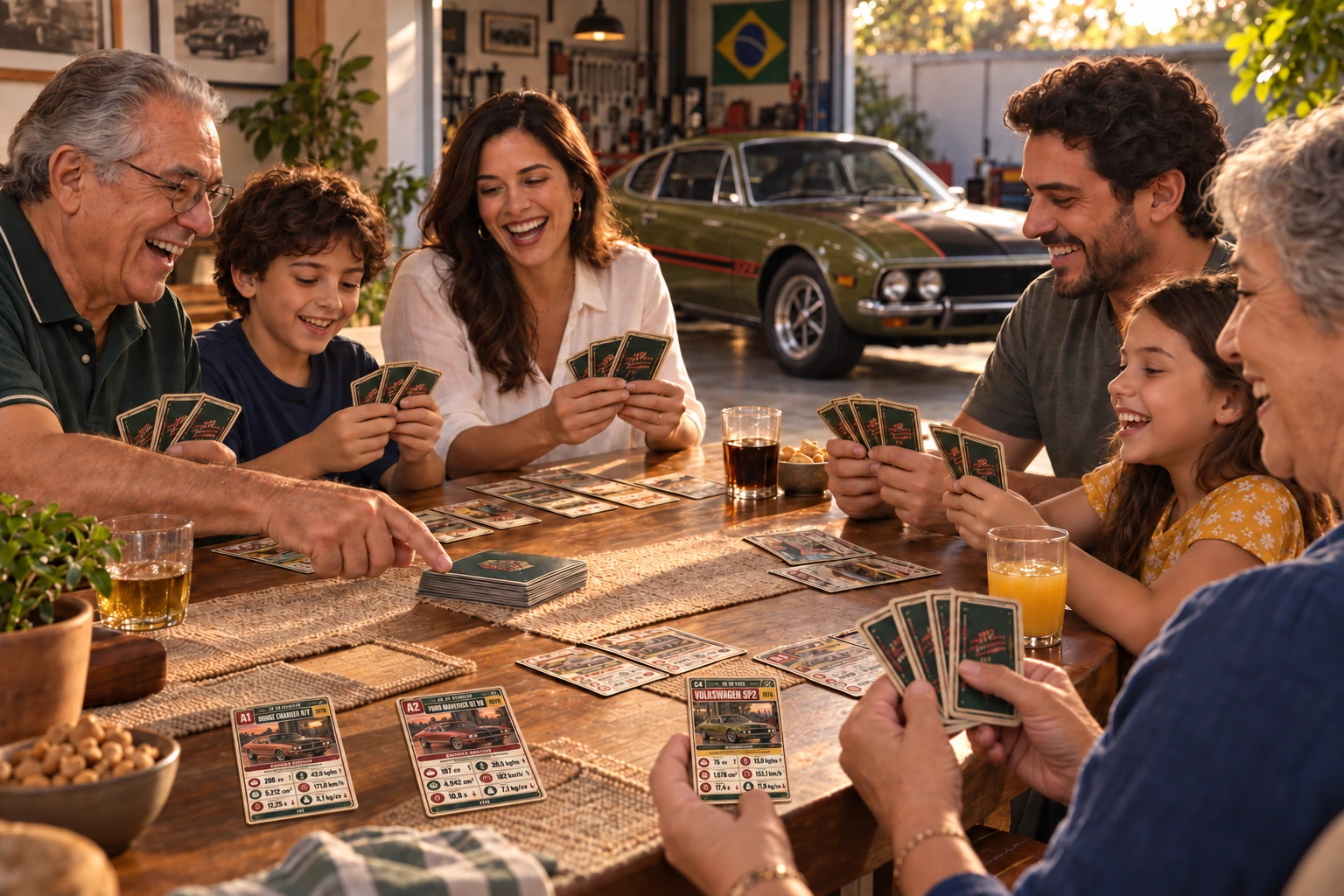 Família jogando Duelo de Garagem com um Volkswagen SP2 ao fundo